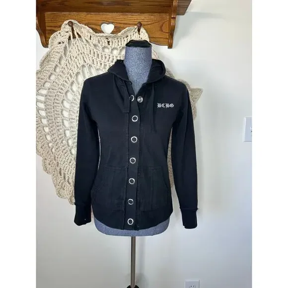 BCBGMAXAZRIA Vintage Y2K Black Cotton Snap Front Bling Hoodie Size Medium - Picture 1 of 6